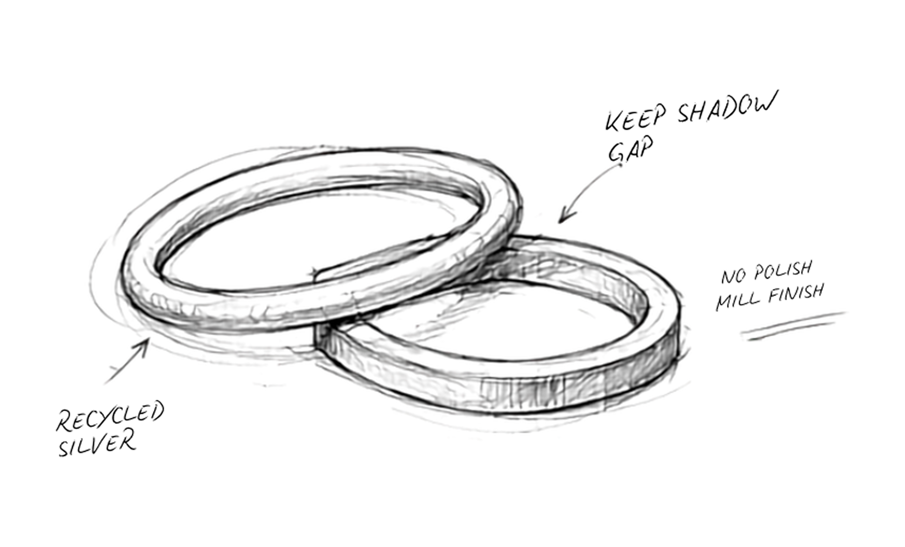 Close-up annotated sketch of two rings noting recycled silver and mill finish